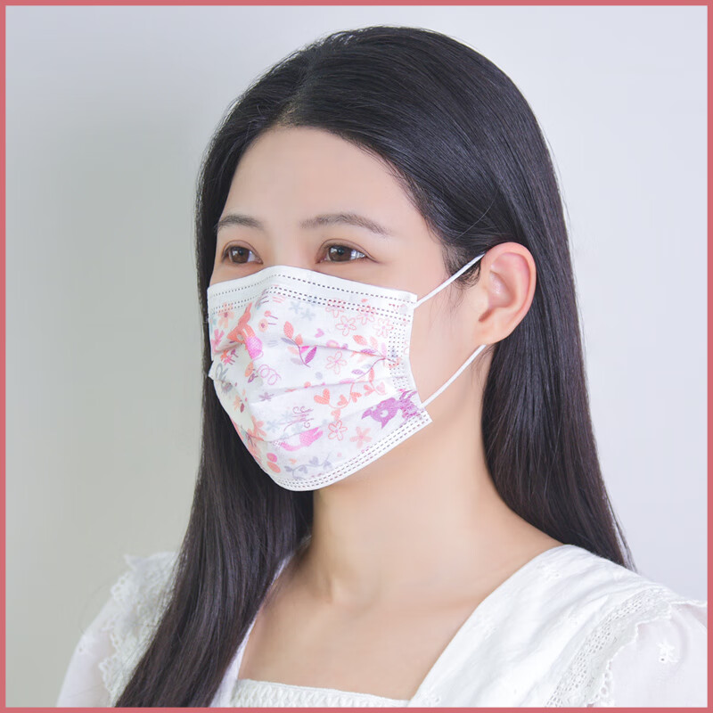 致净口罩印花大人一次性自用卡通粉色三层轻薄透气的漂亮女时尚花纹囗