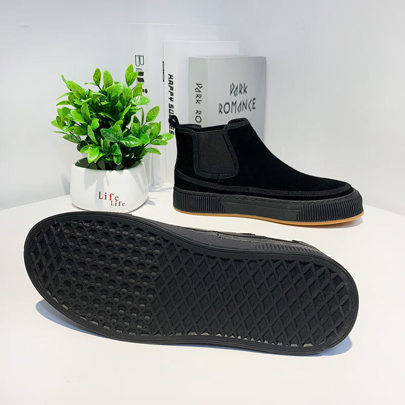 高帮磨砂皮头层牛皮(除牛反绒)鞋 秋冬新款加绒保暖真皮韩版男素面