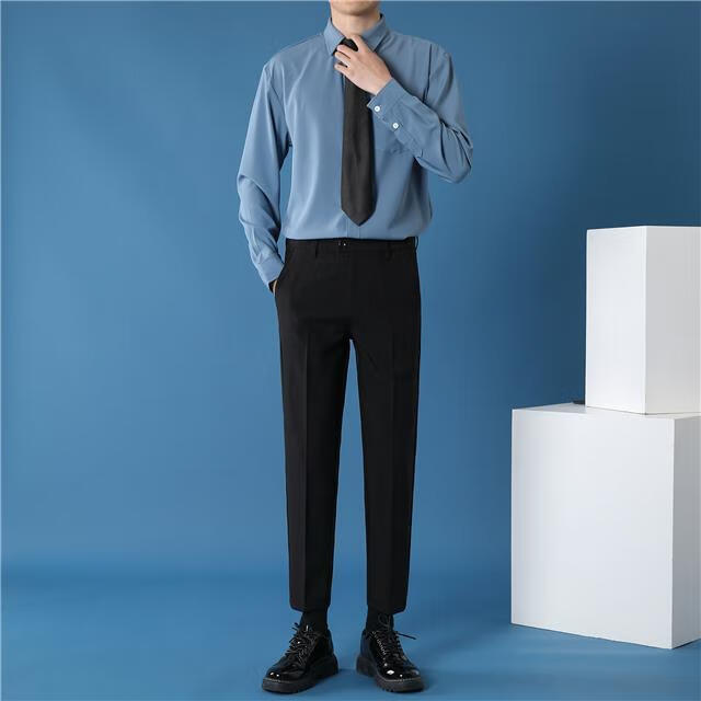 妩纪男士白衬衫西裤两件套商务长袖衬衣九分西装裤搭领带休闲套装2021
