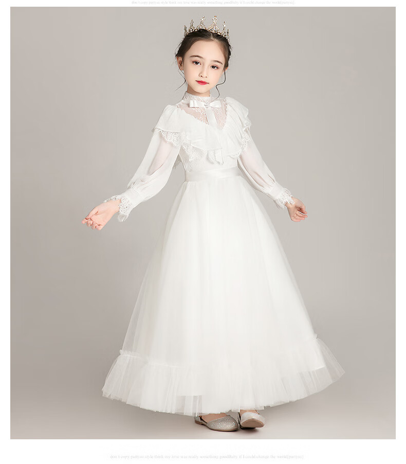 演出服秋冬时尚晚礼服小女孩礼服白纱花童婚纱裙钢琴主持人小女孩长袖