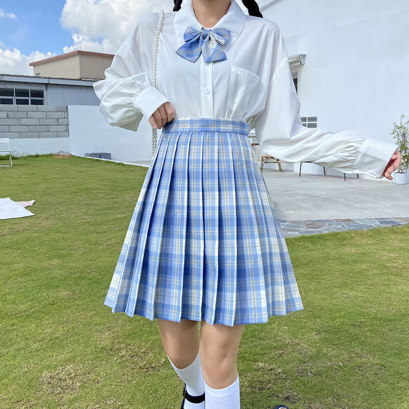 冰淇淋jk格裙蓝色格子制服短裙高腰显瘦日系学院风百褶裙女夏 冰淇淋