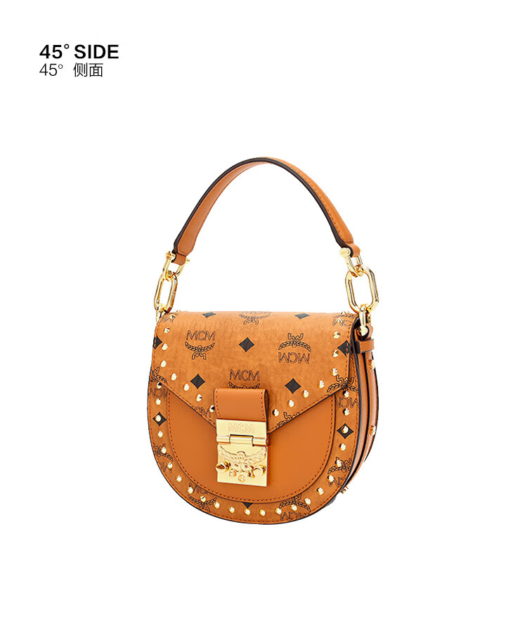 送女友mcm女士patriciavisetos系列干邑色人造配牛皮革铆钉轮廓手提单
