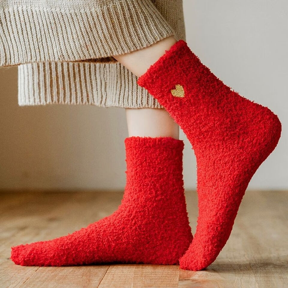 曼迪尚大红袜子女祙孑女珊瑚绒袜子男女中长筒长袜冬天加厚保暖本命年