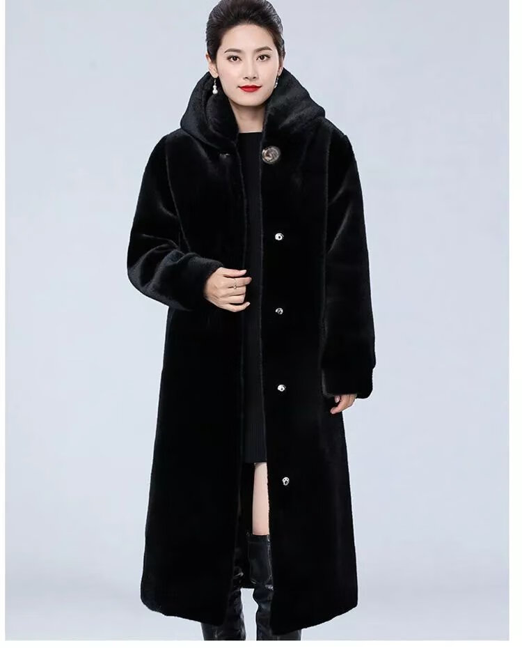 海宁皮草进口貂皮大衣女整貂裘皮草海宁中长款妈妈装水貂绒外套 黑色