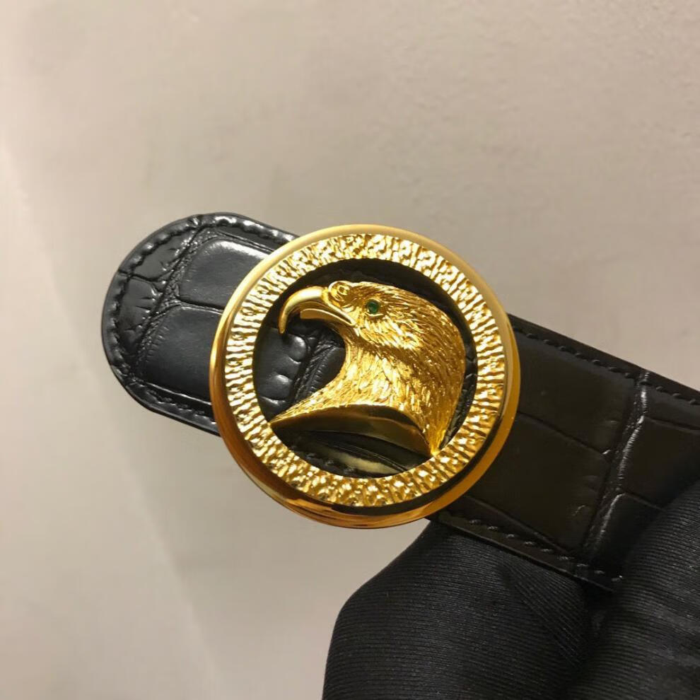 史蒂芬24k镀黄金扣头头层牛皮实心纯铜鳄鱼纹皮带腰带老鹰头黄金扣