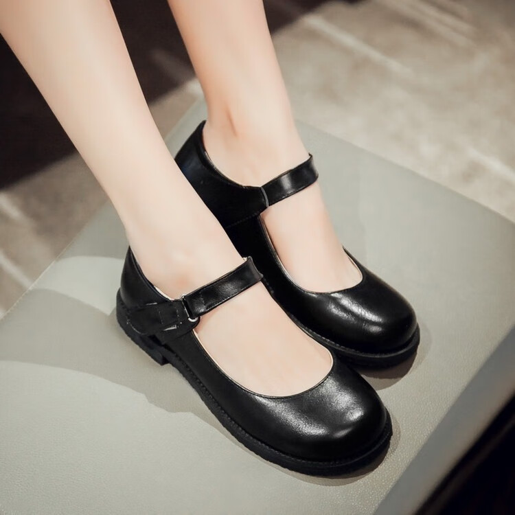 秋季开学小学生女孩的黑色皮鞋初中生少女夏秋大童公主魔术贴圆头平底