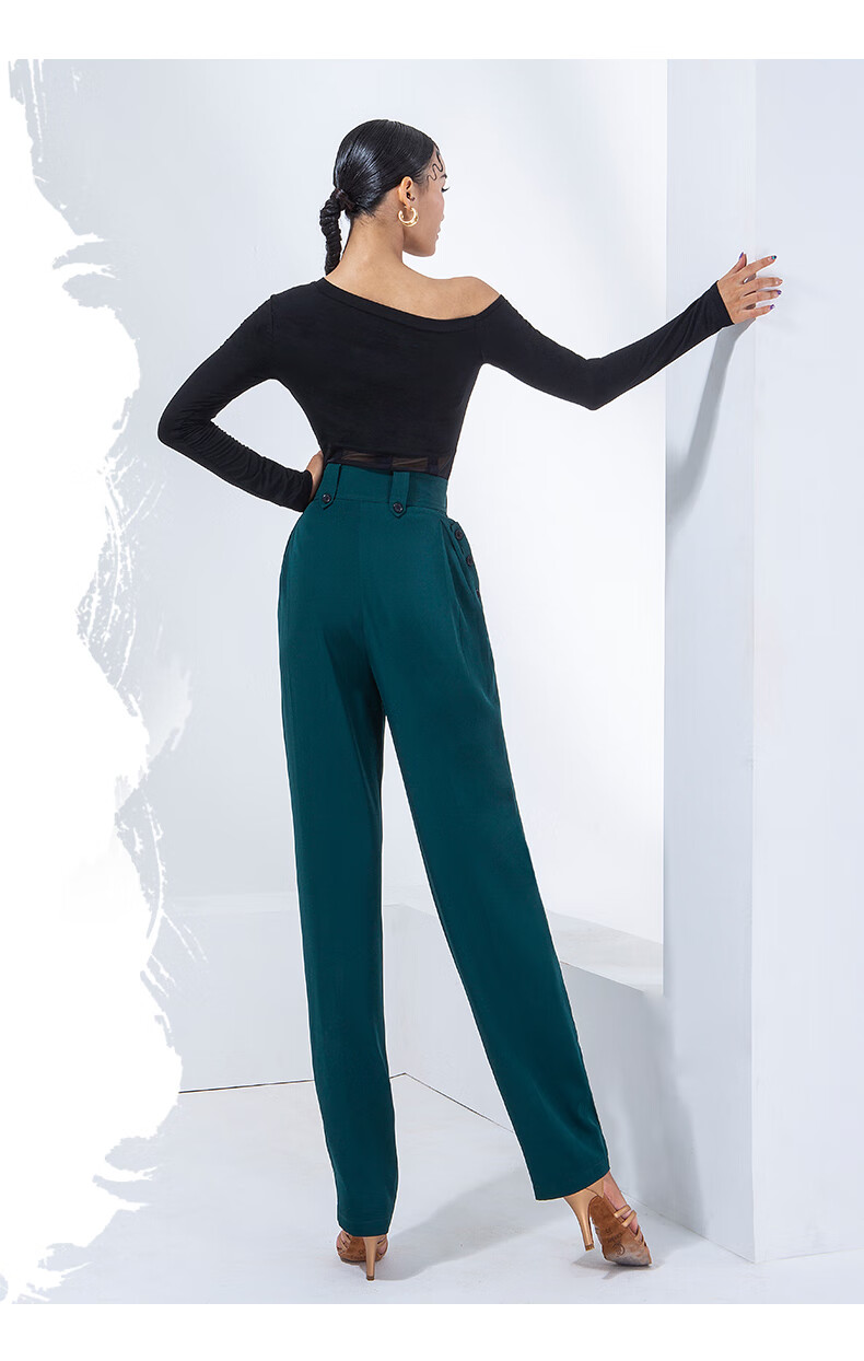 丹宝罗同款拉丁舞裤子女新款高腰口袋撞色钮扣国标长裤练功服装黑色