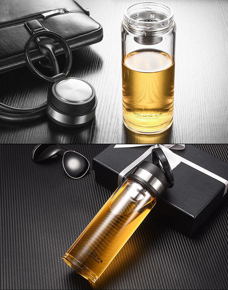 卧龙玻璃杯 大容量单层加厚水晶杯便携男士运动拉环水杯滤网茶杯子