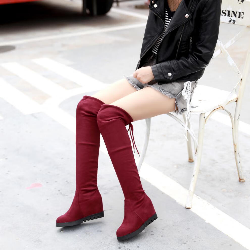 女士磨砂内增高高筒靴子长靴女秋冬过膝显瘦韩版长筒系带高跟弹力女靴