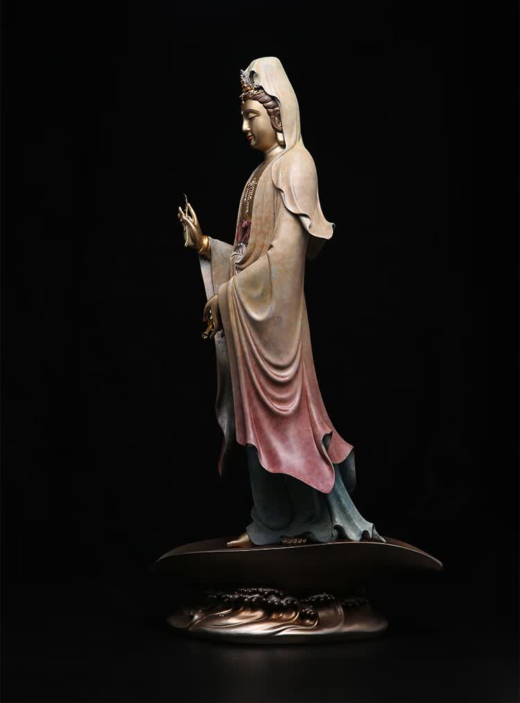 盛凡台湾铜雕彩绘南海观音佛像供奉家用观世音菩萨站像雕塑艺术佛摆件