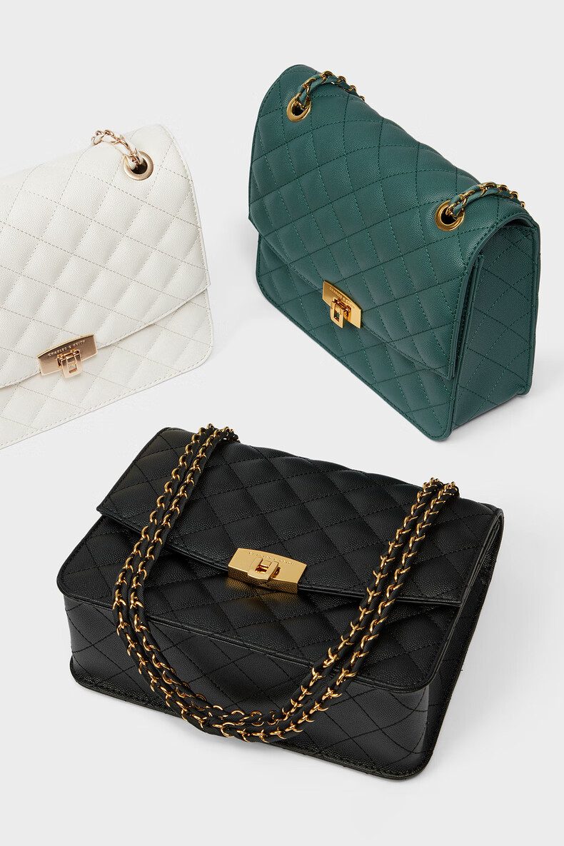 ck小女神春季新品小香风女士菱格质感链条单肩腋下包蓝绿色m