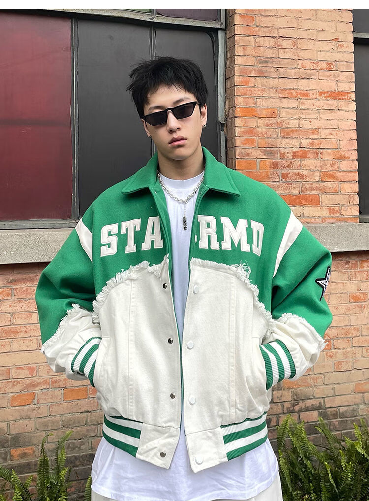 酷派罗美式潮牌拼接牛仔棒球服男春秋季设计感克莱因蓝宽松小众夹克