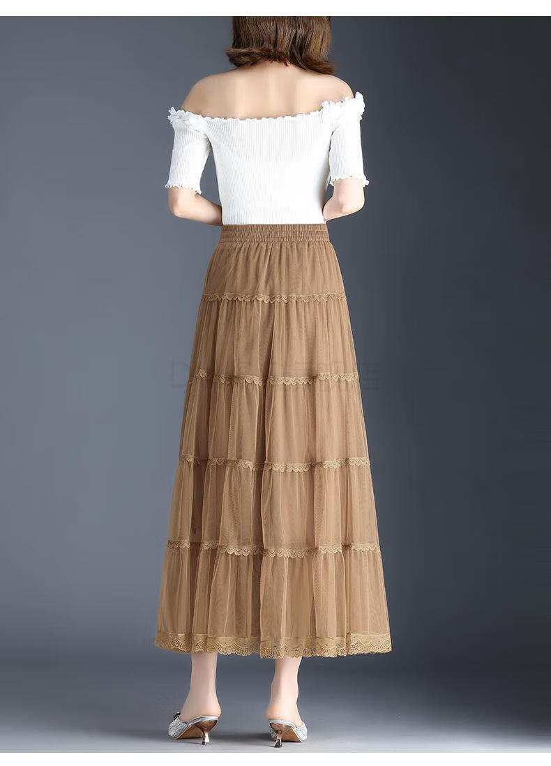 秋冬季雷丝蕾丝网纱半身裙女士半截裙春仙女女过膝a字百褶裙春纱裙垂