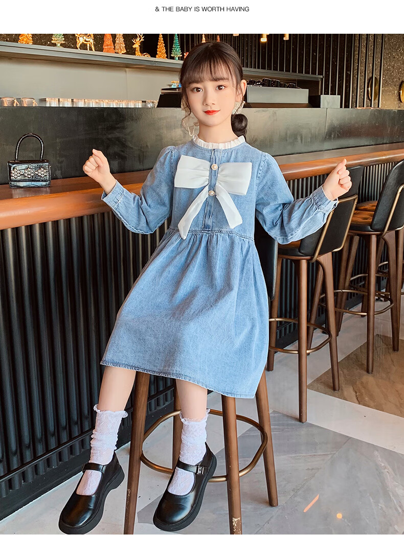 皮尔卡丹官方品牌213岁女童春装连衣裙2022新款儿童春秋蝴蝶结牛仔裙