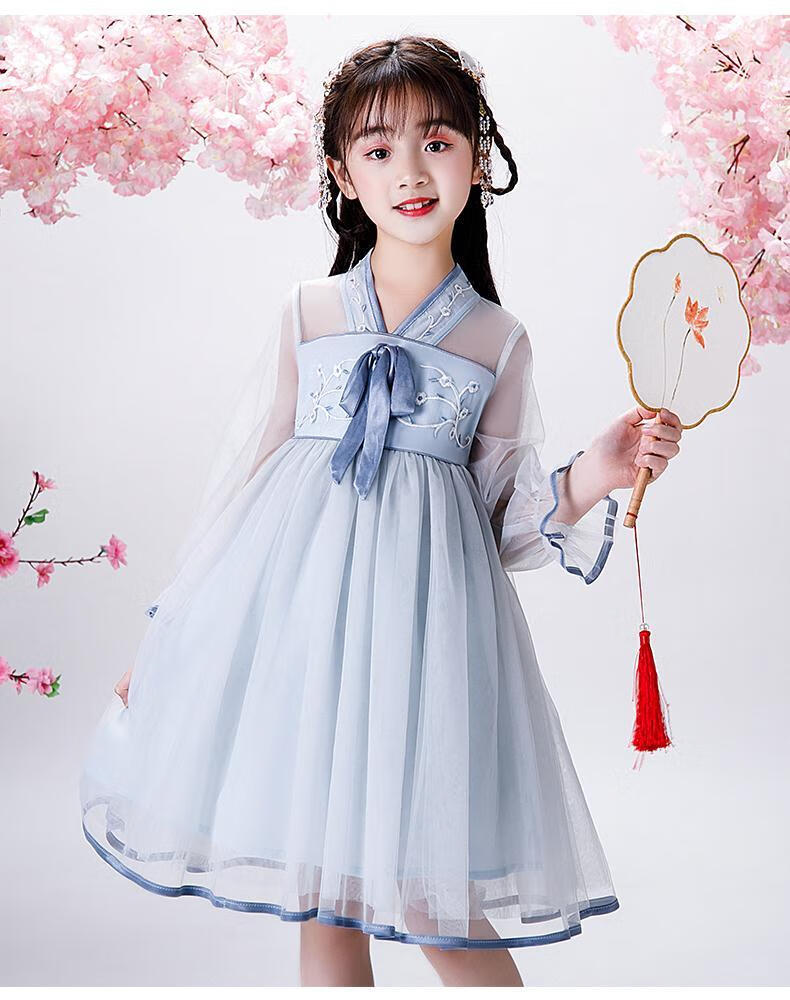 童装春装汉服女童连衣裙新款春夏洋气女孩纱裙公主裙儿童裙子 粉红色