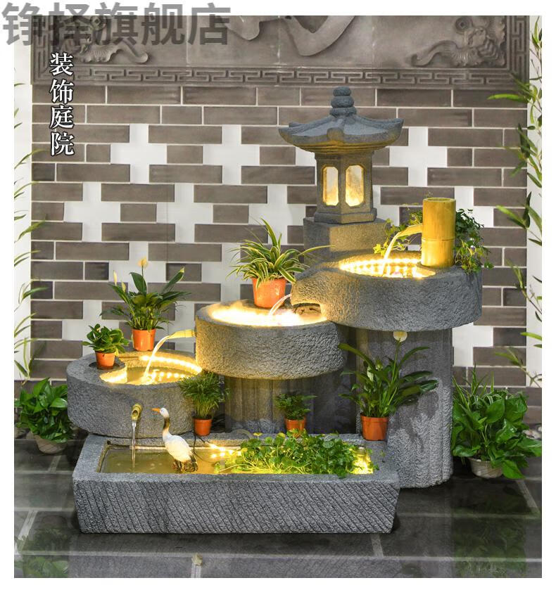 庭院流水摆件石磨景观 中式花园顶楼阳台假山瀑布鱼池日式造景装饰 单