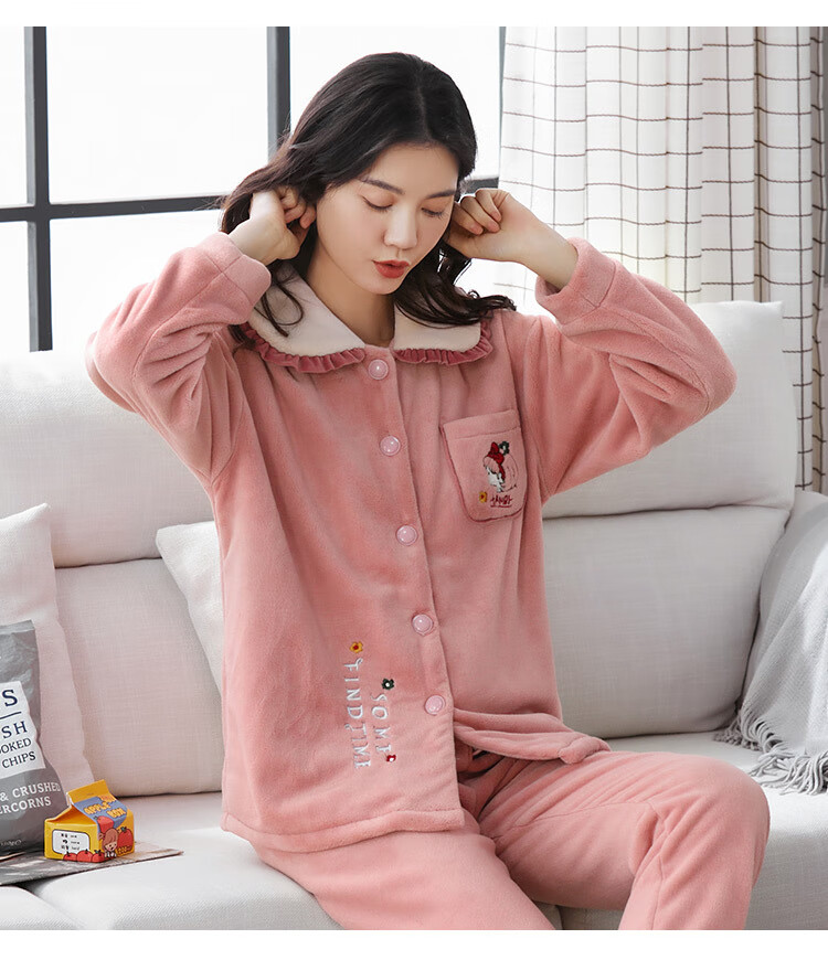 秋冬新款睡衣绒女士睡衣季加厚加绒法兰绒睡衣女冬天居家服套装韩 rdy