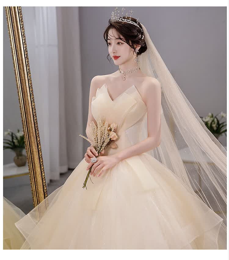 轻婚纱礼服新款春夏抹胸蓬蓬裙超仙香槟色公主齐地女恩瑶513yl香槟色