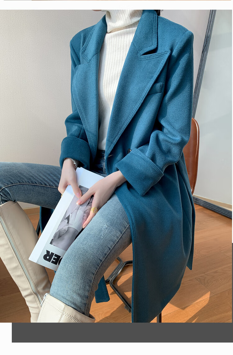 xina香港潮牌孔雀蓝呢子大衣女2021年冬装新款韩版修身显瘦中长款加厚