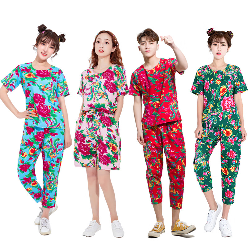 东北花衣服舒适爆款东北大花布衣服抖音同款套装男女大花裤子姐妹装