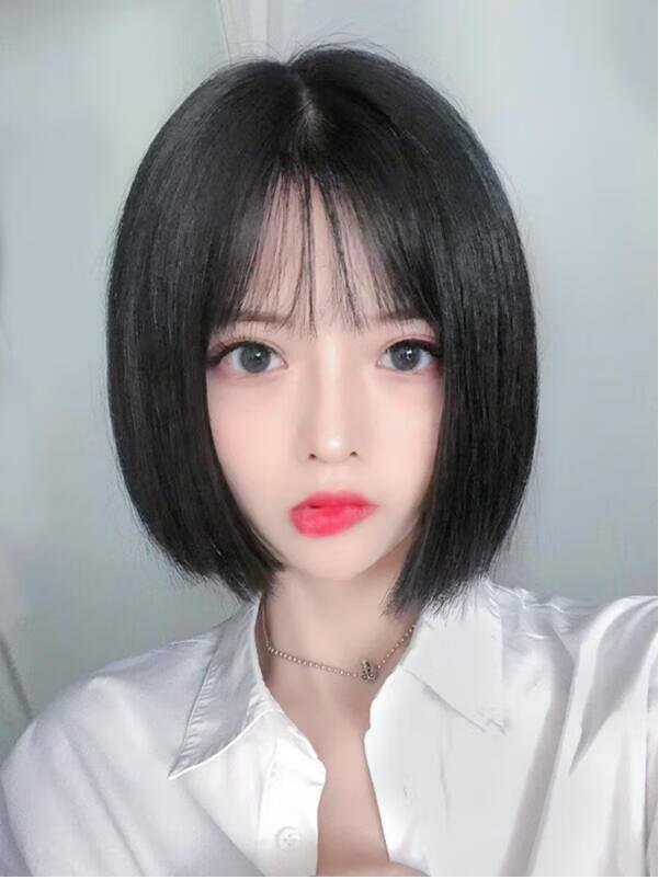 假发女短发网红空气刘海圆脸锁骨发波波头学生自然中长直发全头套 浅