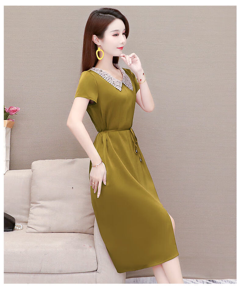 减龄娃娃领遮肚雪纺连衣裙女士短袖夏天韩版显瘦裙子黑色3xl125140