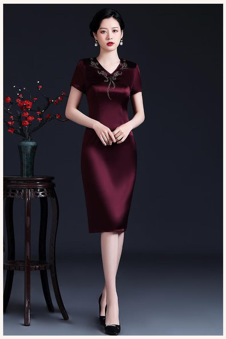 皮尔卡丹低领阔太太旗袍式连衣裙婚礼妈妈高贵礼服洋气时尚喜婆婆婚宴