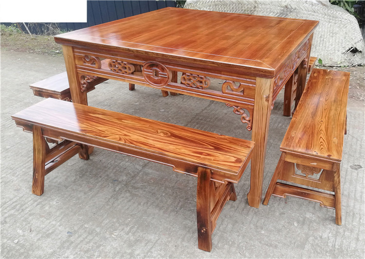 八仙桌组合全实木乐碳化老式八仙桌饭店餐桌椅仿古正方形餐桌长凳餐厅