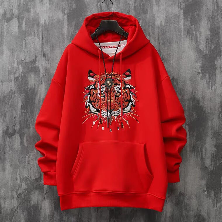 樱璇重磅cityb卫衣男连帽加绒冬季中国风虎头刺绣过年喜庆衣服红色连