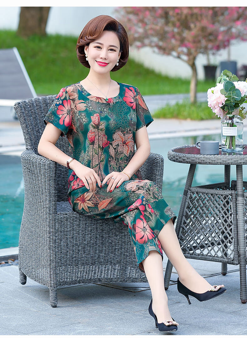 妈妈装夏天套装4060岁2022夏装新款中老年女夏季两件套短袖衣1915藏青