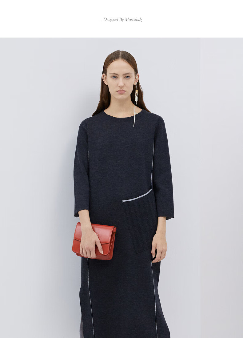 marisfrolg/玛丝菲尔羊毛连衣裙女装春季新款长袖中长款裙子 深灰色 m