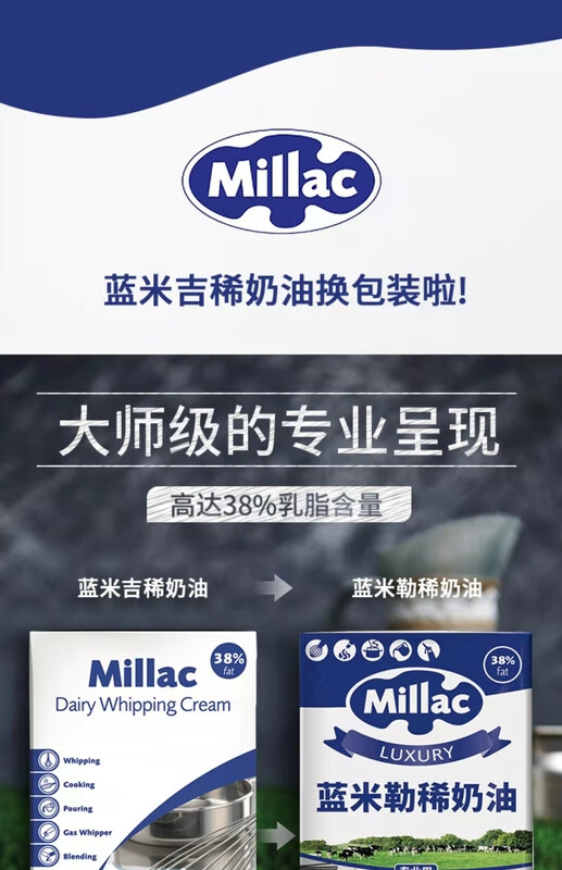 英国动物淡奶油蓝米吉1l忌廉裱花专用蛋糕原料家用烘焙材料 分装250克