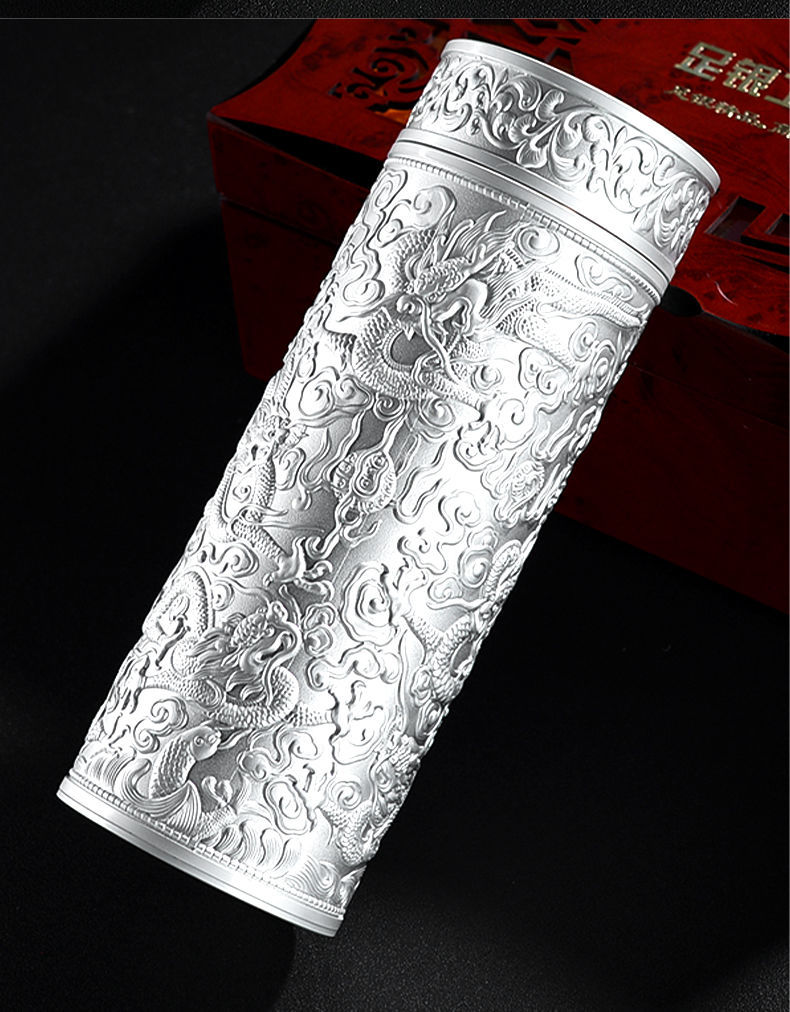 网红款九龙百福银杯子999纯银内胆杯茶杯350ml男足银工艺保温杯彩虹鸟