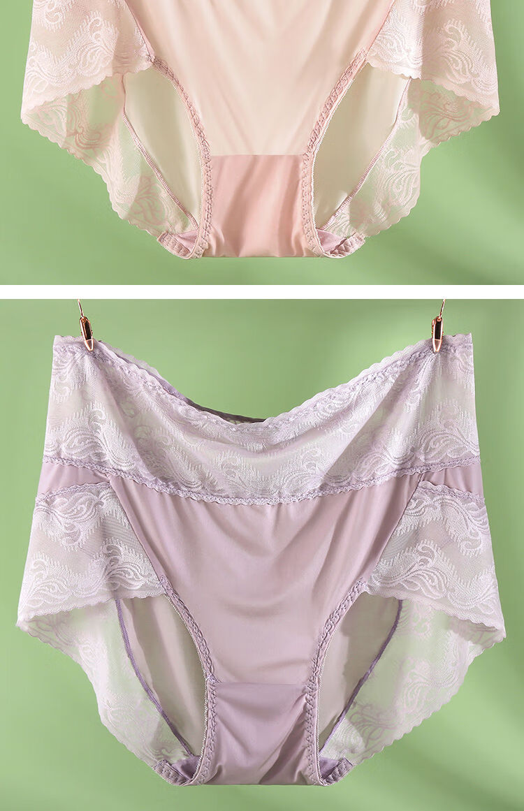 透气冰丝内裤女士高腰轻奢性感蕾丝三角裤纯棉裆加肥大码 紫罗兰(1件