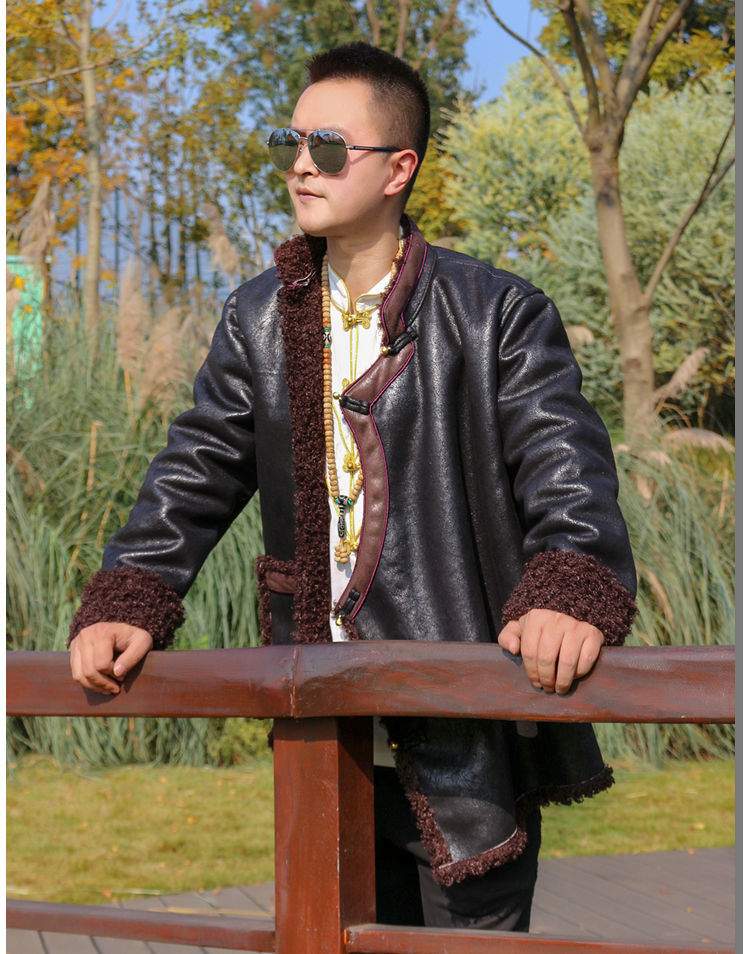 恒源祥高端品牌冬季藏装外套男加绒皮衣保暖藏袍短款藏族服装拼色西藏