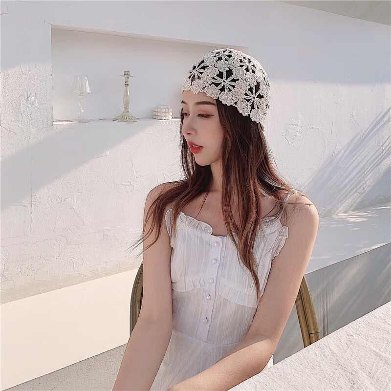 七襄帽子女春夏韩版潮时尚蕾丝薄款镂空钩花女士手工遮白发头巾包头帽