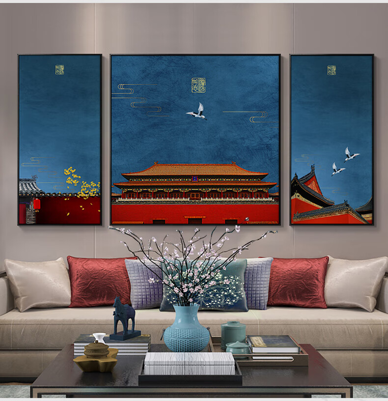故宫风景装饰画新中式客厅沙发背景墙古典建筑壁画中国风三联挂画a