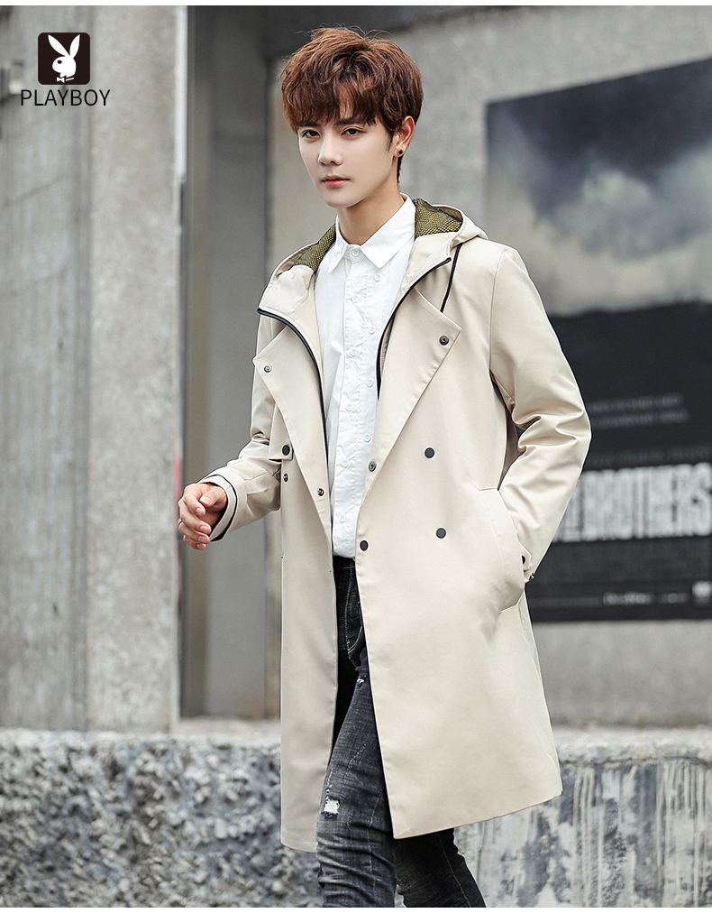 花花公子男士风衣中长款韩版修身2020新款休闲外套春秋季帅气大衣