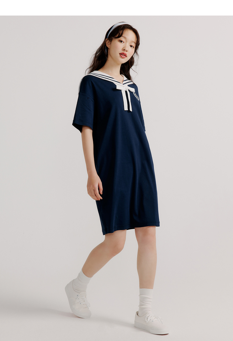 eland衣恋2022年春季新款休闲洋气甜美少女设计感海军风连衣裙女藏青