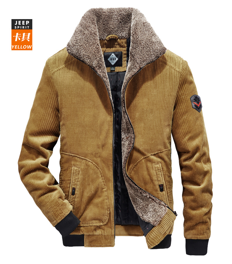 jeep吉普男装秋冬季加绒加厚外套男条绒棉衣休闲灯芯绒保暖翻领夹克男