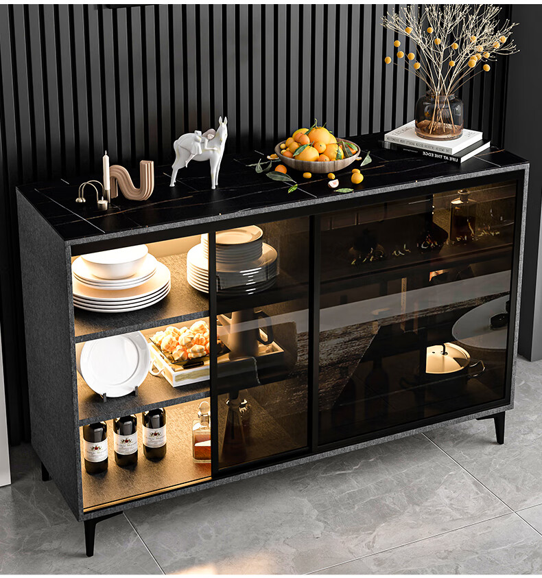 定制厨房碗柜岩板酒柜简约玻璃推拉门置物柜移门80cm餐边柜包安装双门