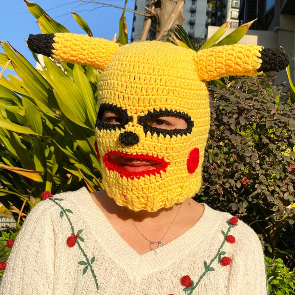 牛逼证抖音网红皮卡丘头套直播面罩恶棍搞笑吓人全脸毛线沙雕鱼面具