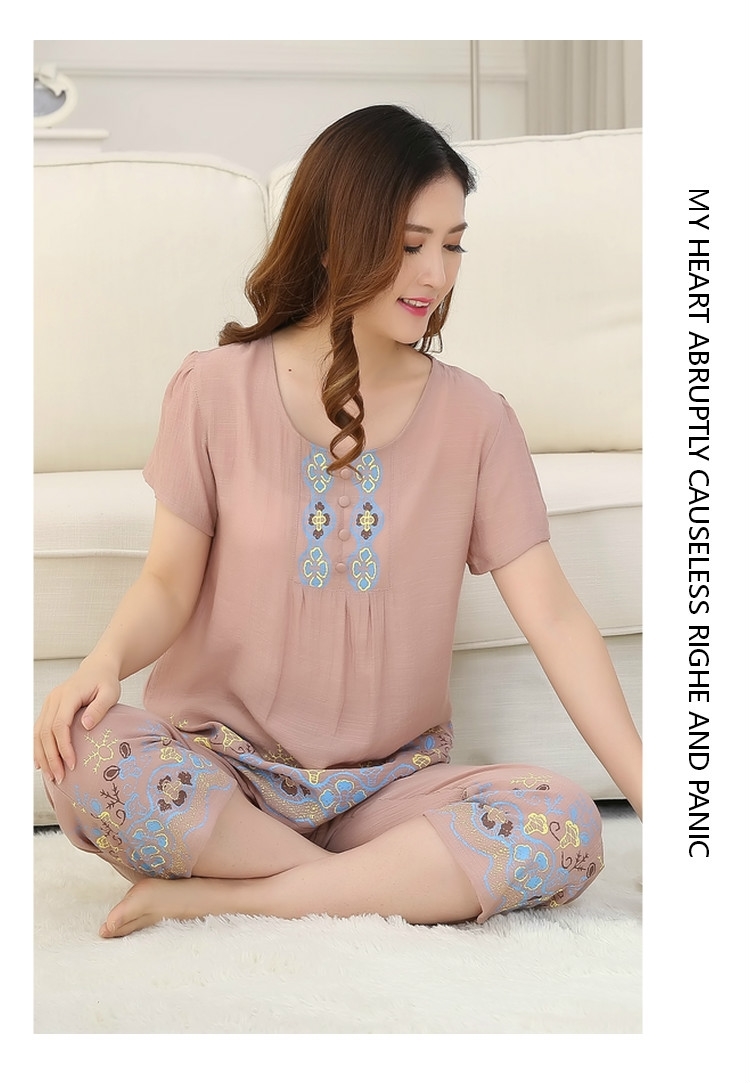 夏棉麻中年妈妈睡衣短袖薄棉绸中老年人家居服大码套装女棉麻睡衣7002