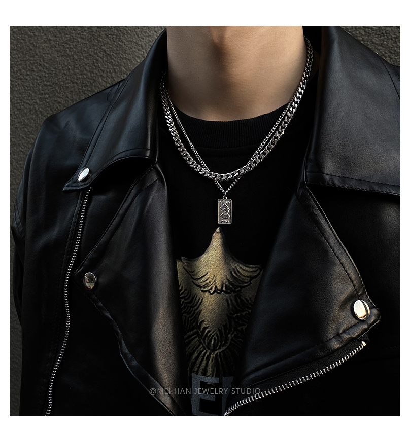 ck欧美金属复古人头像吊坠男女潮in冷淡风双层嘻哈项链情侣锁骨链k