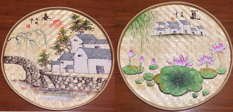 手绘竹编簸箕画手工装饰筐绘画成品创意筛子制品工艺品挂摆件定做