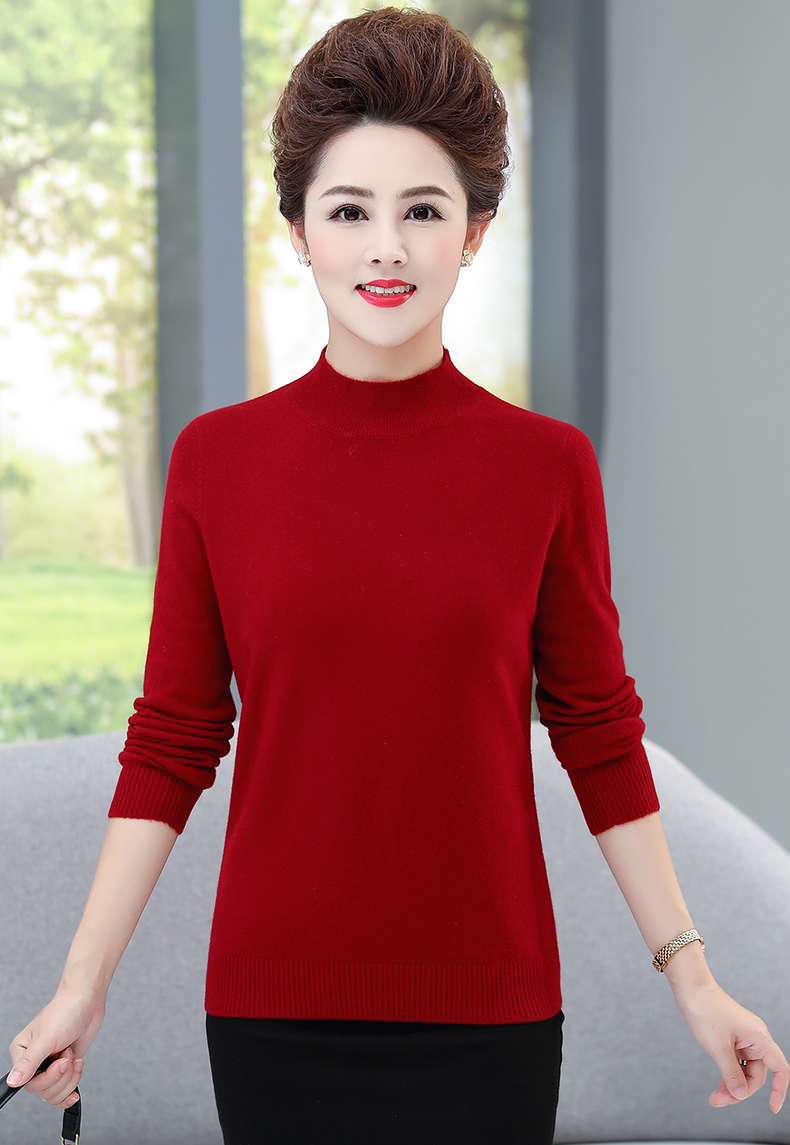 简胜妈妈装毛衣100%纯毛女秋冬新款中老年女装半高领纯色打底羊毛衫 1