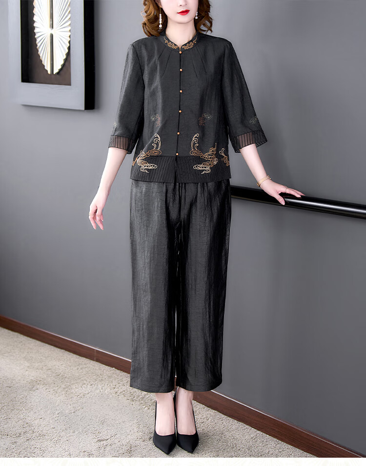 高端轻奢中老年女装妈妈夏装套装香云纱上衣女两件套阔太太仿真丝上装