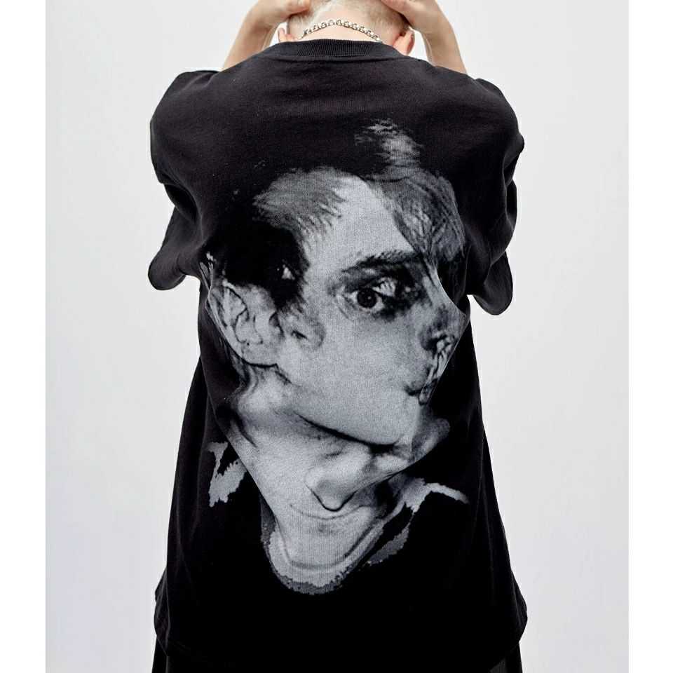 得物同款品质pclp迷失重影人头背面印花国潮宽松短袖t恤男女同款 黑色