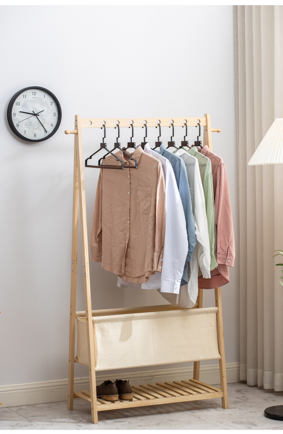 隔夜落地次净衣收纳架子床边放衣服挂衣架房间实木60长带脏衣篓小号