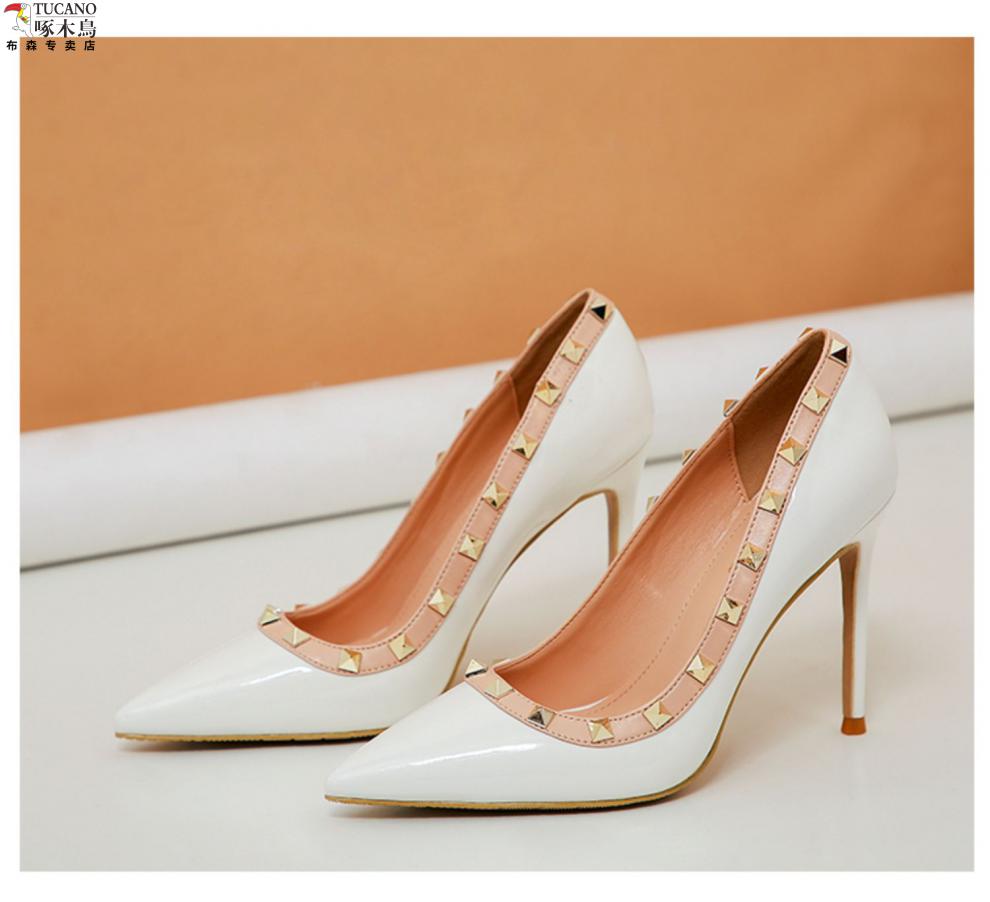 啄木鸟高品质旗舰官方店漆皮亮面黑色高跟鞋女细跟春新款气质浅口单鞋